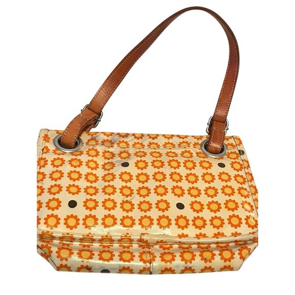 Orla Kiely Coated Canvas Tote Shoulder Leather Handle Bag Yellow Retro Daisy - Picture 4 of 13